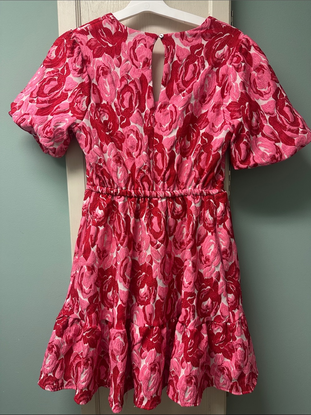 She + Sky Pink & Red Floral Jacquard Tiered Dress - Picture 4 of 4